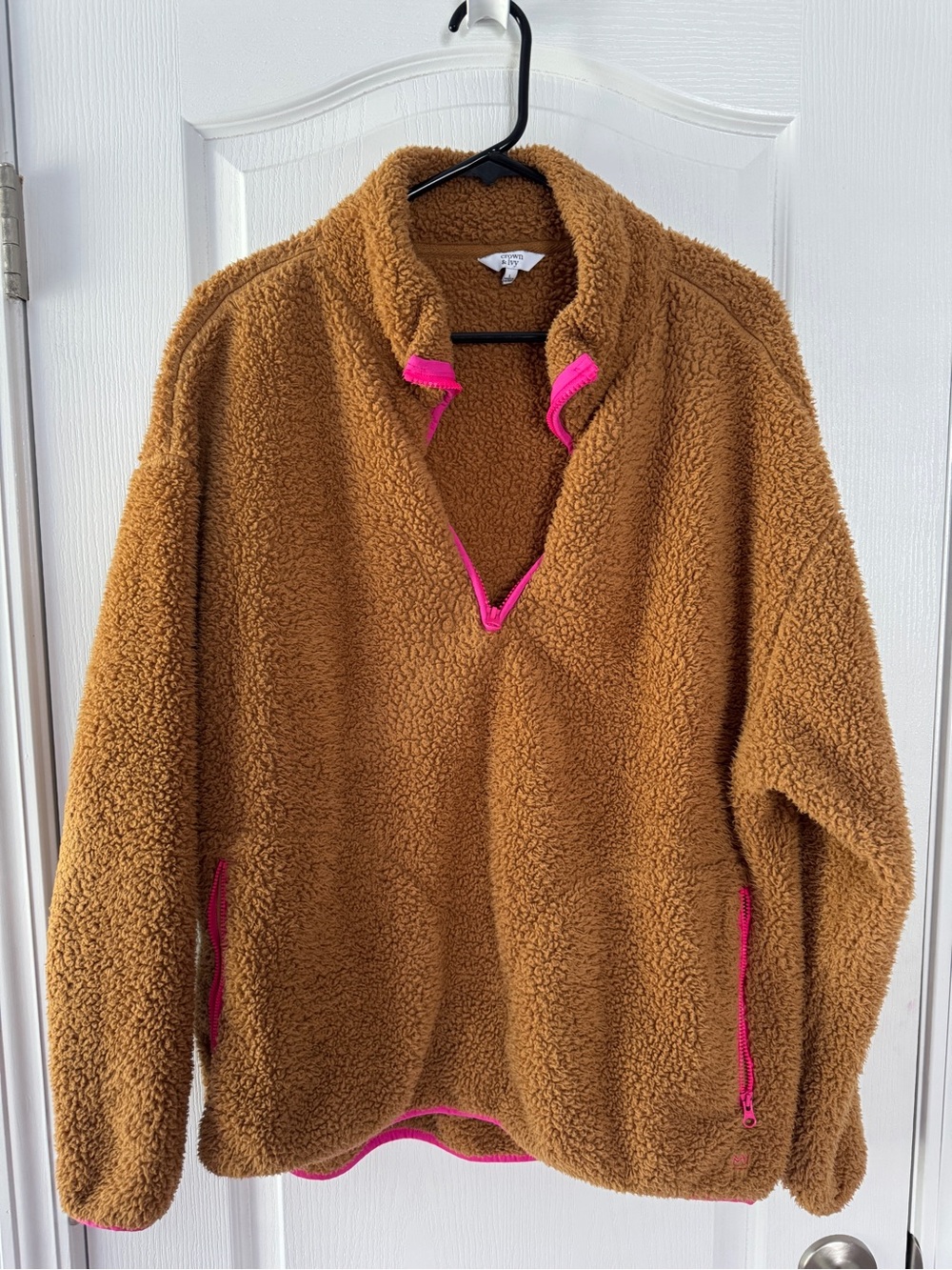crown & ivy Brown Sherpa Jacket with Pink Trim